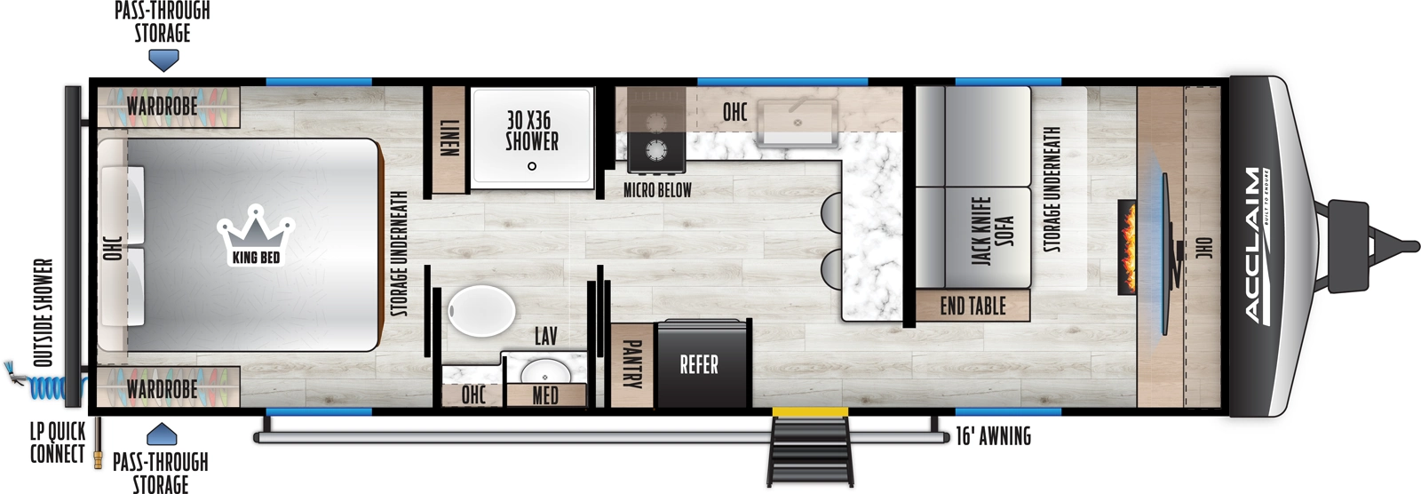 The Acclaim 2650FL floorplan has one entry and zero slide outs. Exterior features include: metal exterior and 16' awning. Interiors features include: rear bedroom, front living and pass through bathroom.